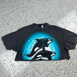 H&M Black Crop Top with Teal Orca Graphic
